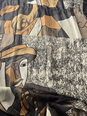 Sheer Cubist Art Face Print Scarf Black Gold Abstract Picasso Style Vintage